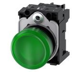 3SU1106-6AA40-1AA0-Indicator lights, 22 mm, round, plastic, green, lens, smooth, with holder, LED module, with integrated LED 230 V AC, screw terminal