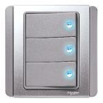 E3033H1_EBGS - 3 Gang 1 Way Horizontal Dolly Switch with Blue LED, Grey Silver