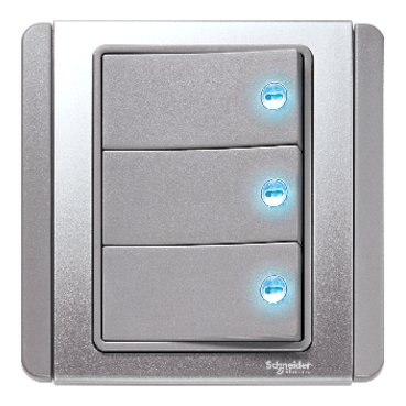 E3033H1_EBGS_AI-improved_2024_369 (1) E3033H1_EBGS - 3 Gang 1 Way Horizontal Dolly Switch with Blue LED, Grey Silver - Image 1