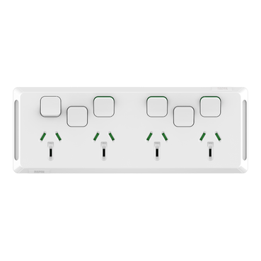 P3015_4XXUA-XW_Front_369 P3015-4XXUA-XW - Quad Power Point with 2 extra switches, Pro Series, Horizontal Mount, 250V, 10A, Less Mechanisms - Image 1