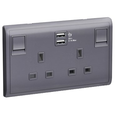 E82T25USB_LS_G2_369 Schneider Pieno - 13A Twin Gang Switched Socket with 2.1A USB, Lavender Silver - Image 1