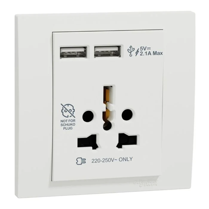 kb42616usb_we_1 SCHNEIDER KB42616USB_WE-Vivace 16A International Socket with 2.1A USB, White - Image 1