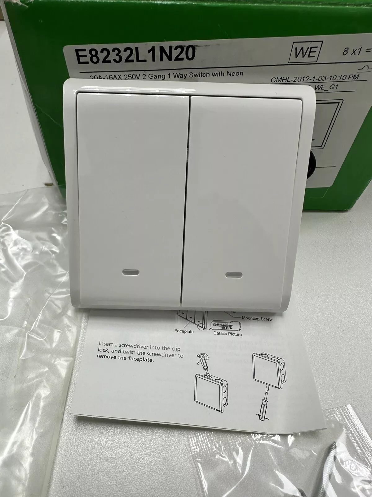s-l1600 SCHNEIDER E8232L1N20_WE-20A-16AX 250V 2Gang 1way switched with Neon - Image 1