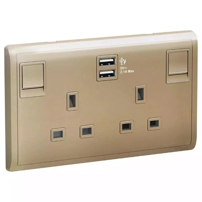 e82t25usb_wg_g12 SCHNEIDER E82T25USB_WG-13A Twin Gang Switched Socket with 2.1A USB, Wine Gold - Image 1