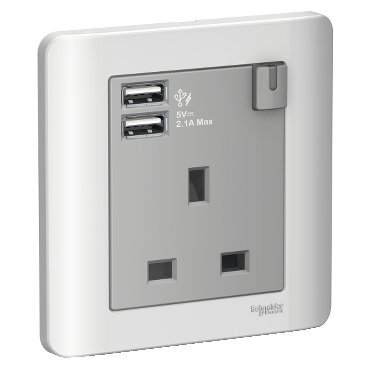 E8415USB_SA_369.jpg Schneider Zencelo - 13A 1 Gang Switched Socket with 2.1A USB, Silver Satin E8415USB_SA - Image 1